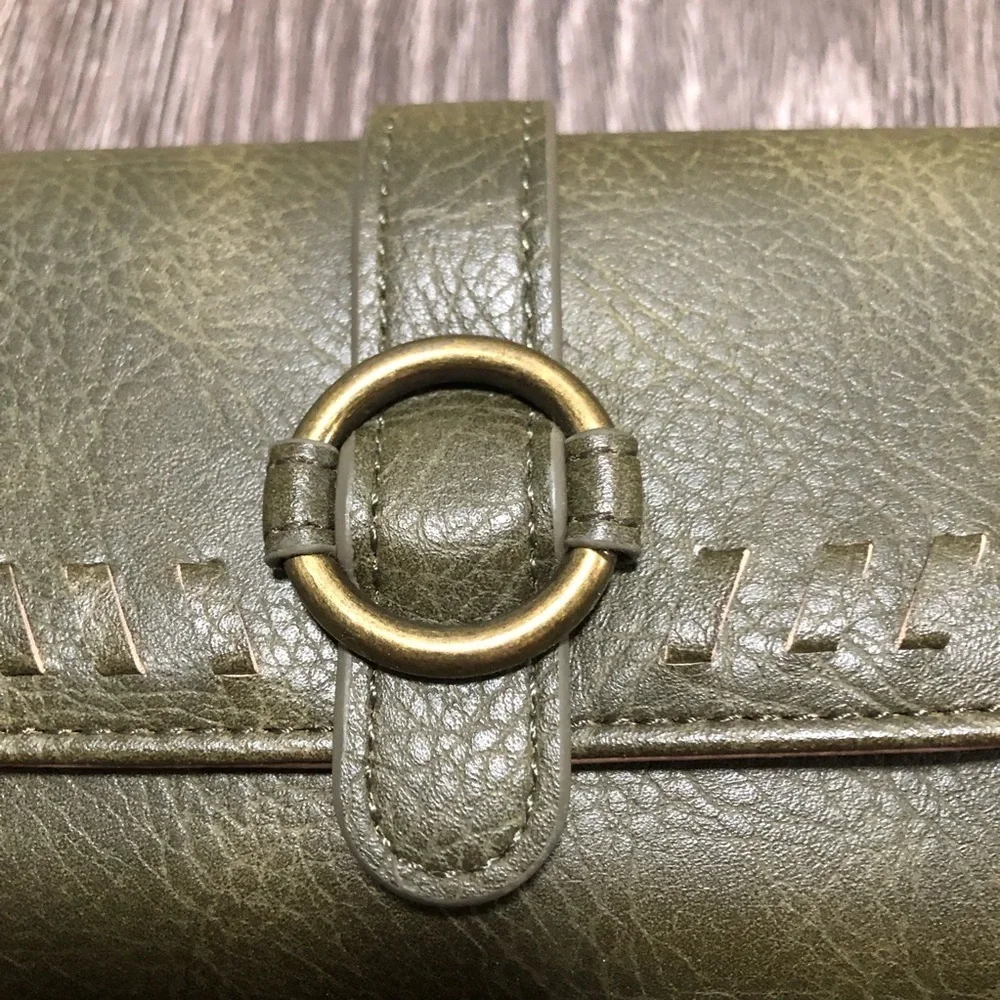 b.o.c. Born Concept OliveGreen Vegan Leather Whipstitch Trifold Organizer Wallet